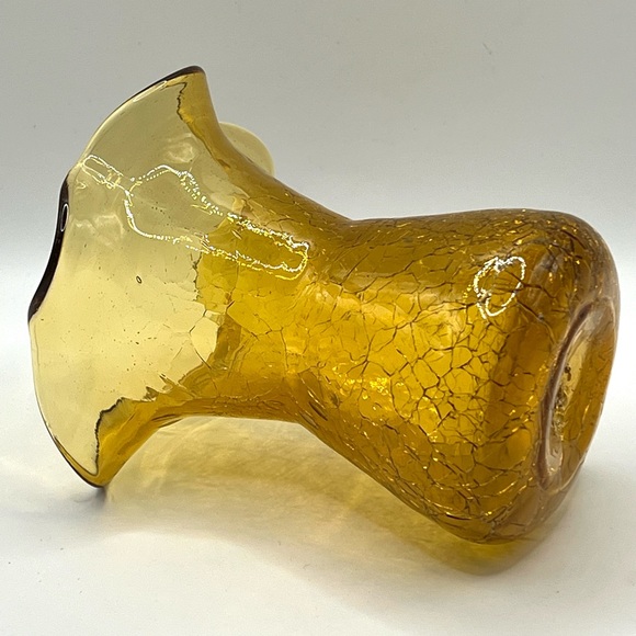Vintage Hand Blown Amber Crackle Glass Ruffled Edges Fluted Rim Vase 4.8 in - Picture 6 of 8